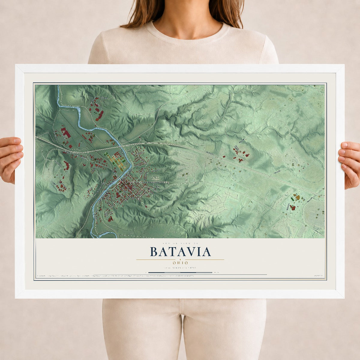 Map of Batavia, Ohio, 18 x 24 inch print in a white wood frame