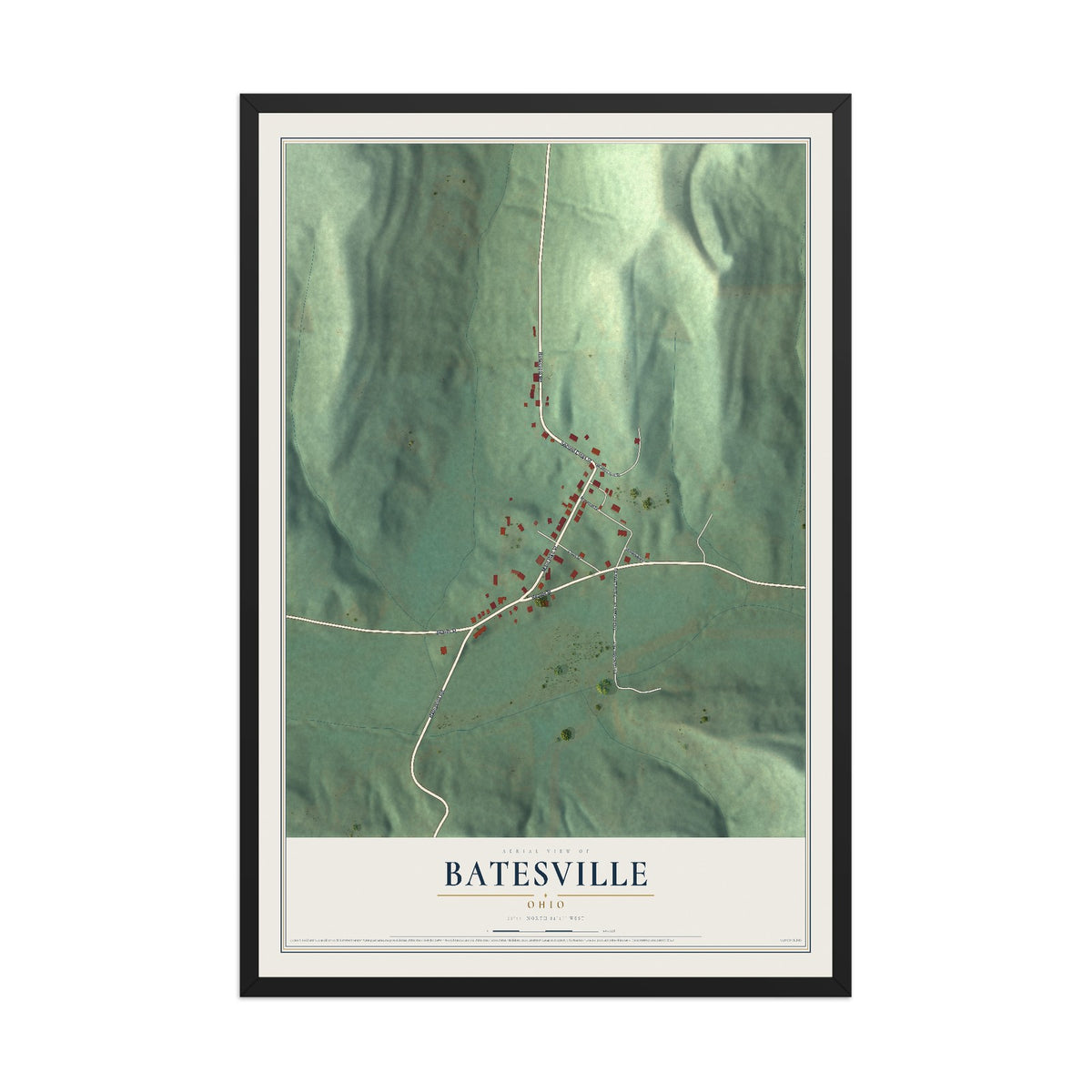 Map of Batesville, Ohio, 12 x 18 inch print in a black wood frame