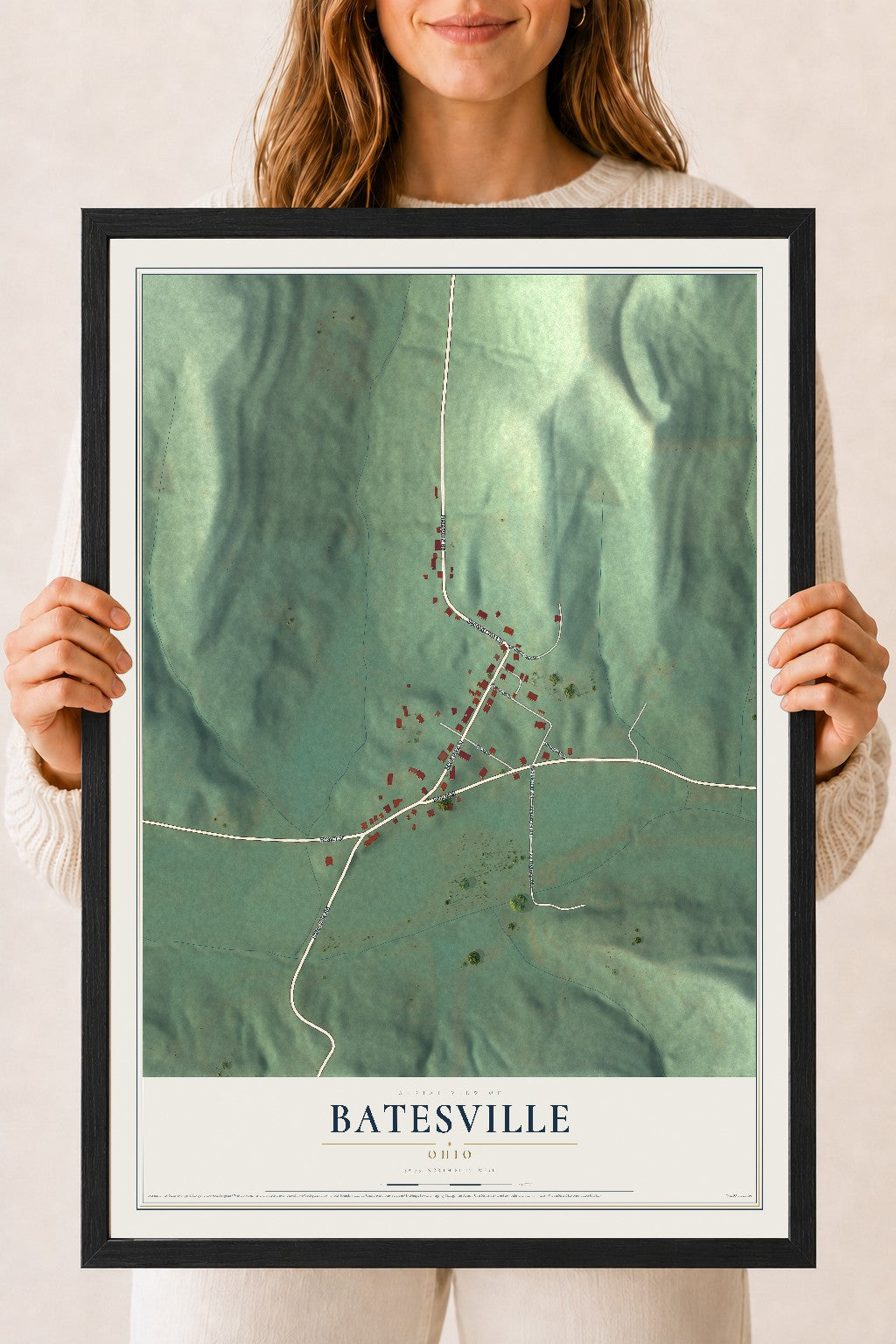 Map of Batesville, Ohio, 18 x 24 inch print in a black wood frame