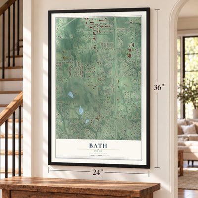 Bath, Ohio map, 24 x 36 inch print in a black frame by a staircase
