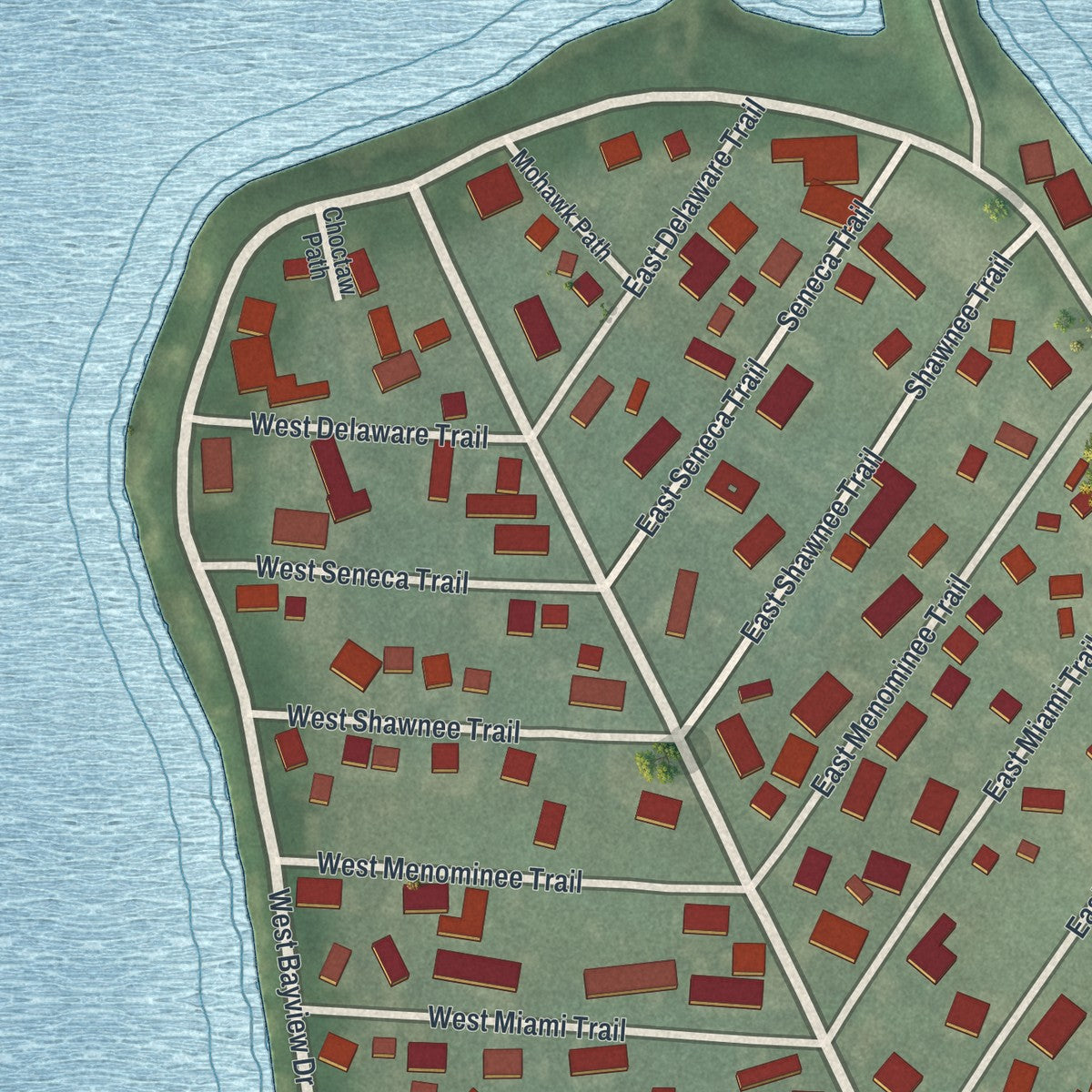 Close-up of the map of Bay View, Ohio print showing street and building detail