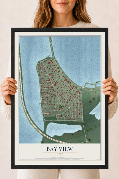 Map of Bay View, Ohio, 18 x 24 inch print in a black wood frame