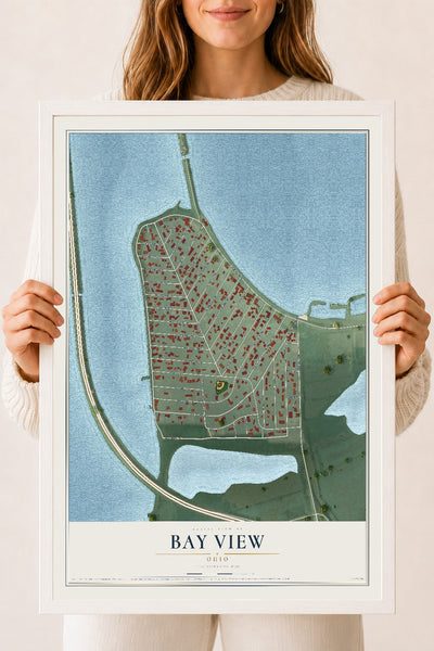 Map of Bay View, Ohio, 18 x 24 inch print in a white wood frame