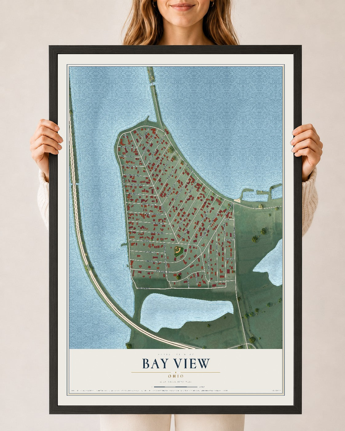 Map of Bay View, Ohio, 24 x 36 inch print in a black wood frame