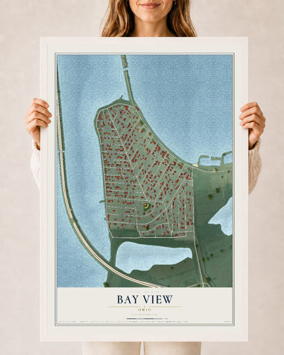 Map of Bay View, Ohio, 24 x 36 inch print in a white wood frame