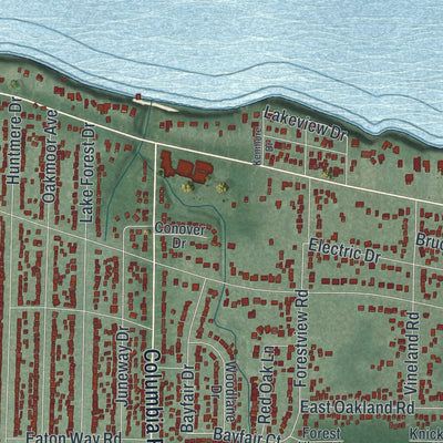 Second close-up of the map of Bay Village, Ohio print showing more streets and buildings