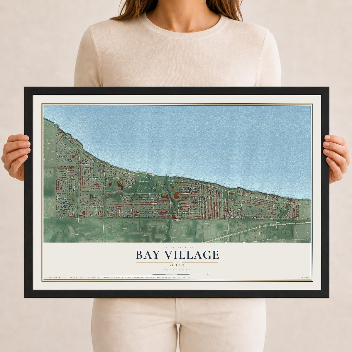 Map of Bay Village, Ohio, 12 x 18 inch print in a black wood frame