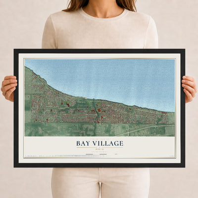 Map of Bay Village, Ohio, 12 x 18 inch print in a black wood frame