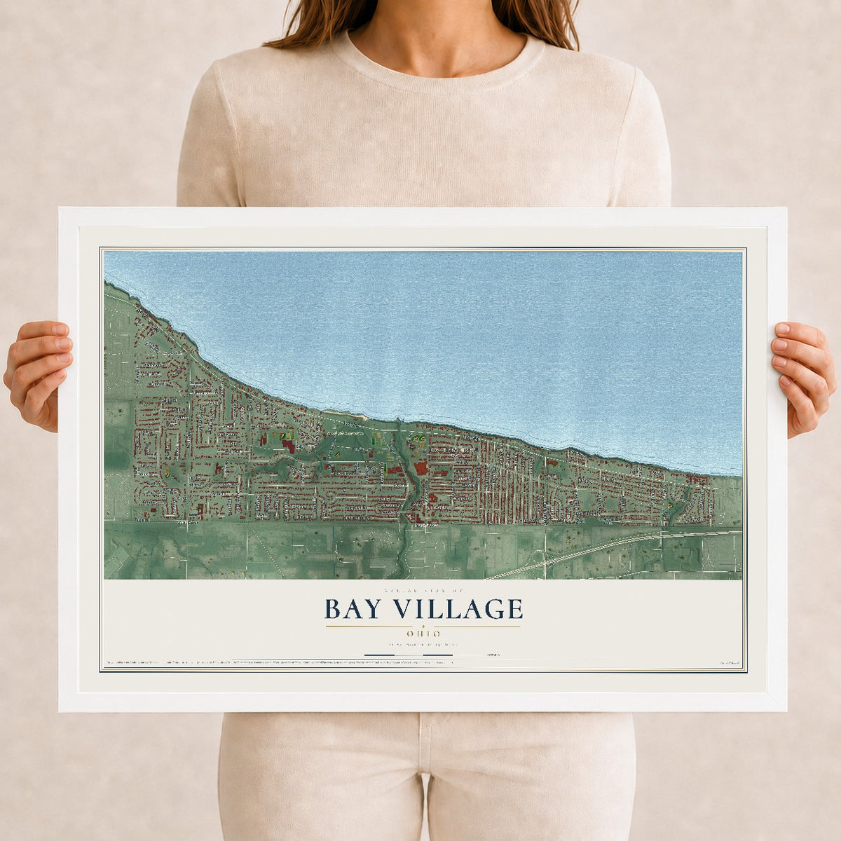 Map of Bay Village, Ohio, 12 x 18 inch print in a white wood frame