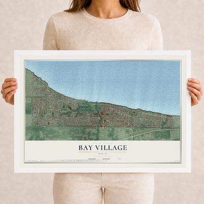 Map of Bay Village, Ohio, 12 x 18 inch print in a white wood frame