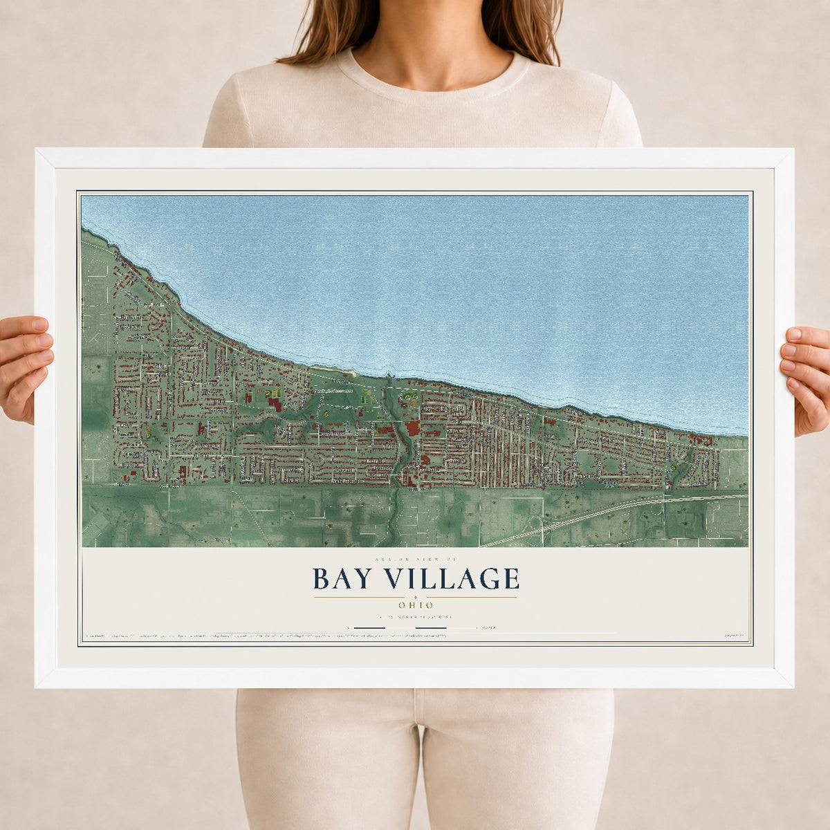 Map of Bay Village, Ohio, 18 x 24 inch print in a white wood frame