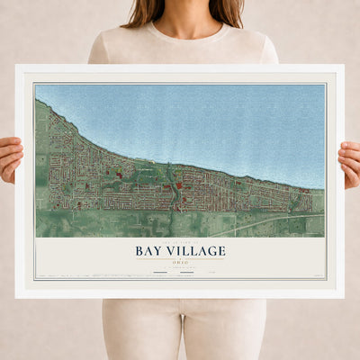 Map of Bay Village, Ohio, 18 x 24 inch print in a white wood frame