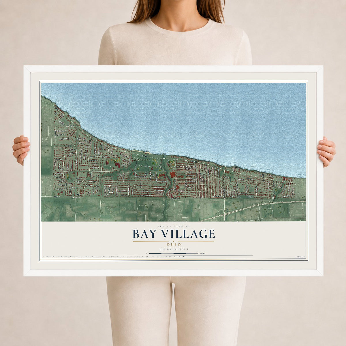 Map of Bay Village, Ohio, 24 x 36 inch print in a white wood frame