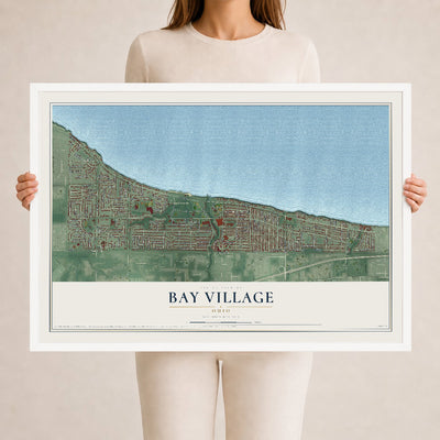 Map of Bay Village, Ohio, 24 x 36 inch print in a white wood frame