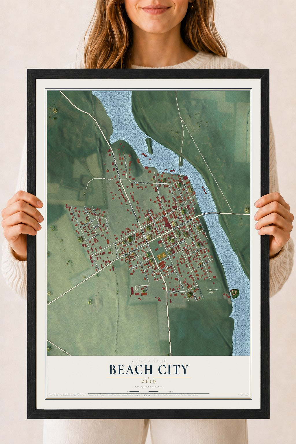 Map of Beach City, Ohio, 18 x 24 inch print in a black wood frame