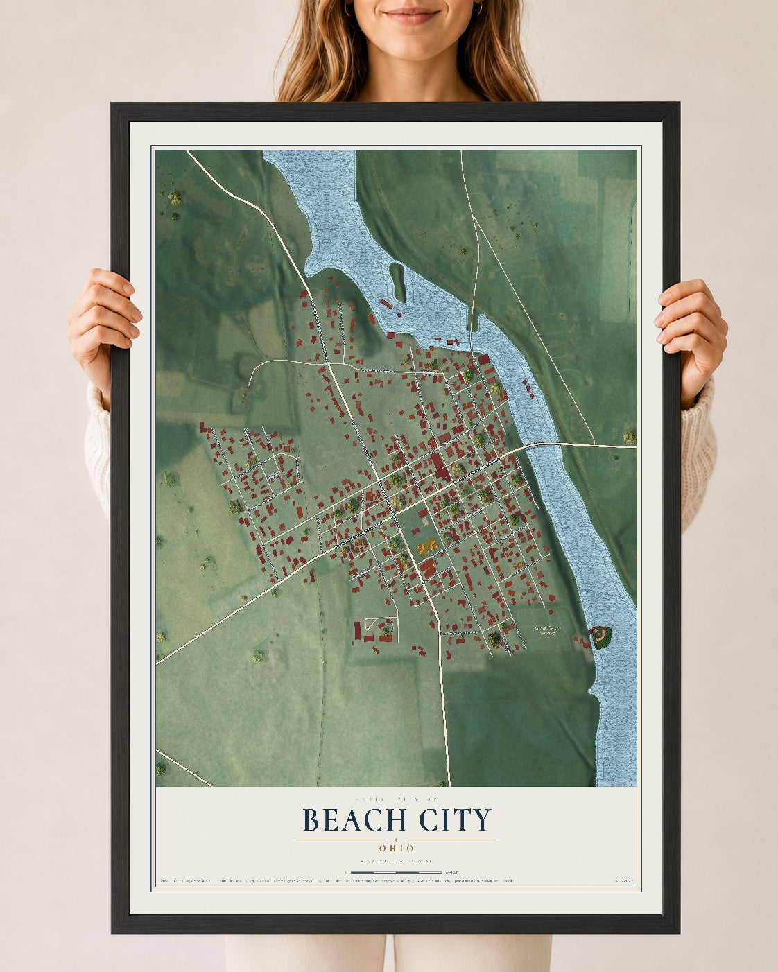 Map of Beach City, Ohio, 24 x 36 inch print in a black wood frame