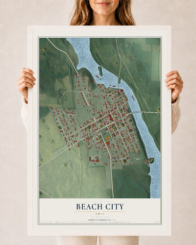 Map of Beach City, Ohio, 24 x 36 inch print in a white wood frame
