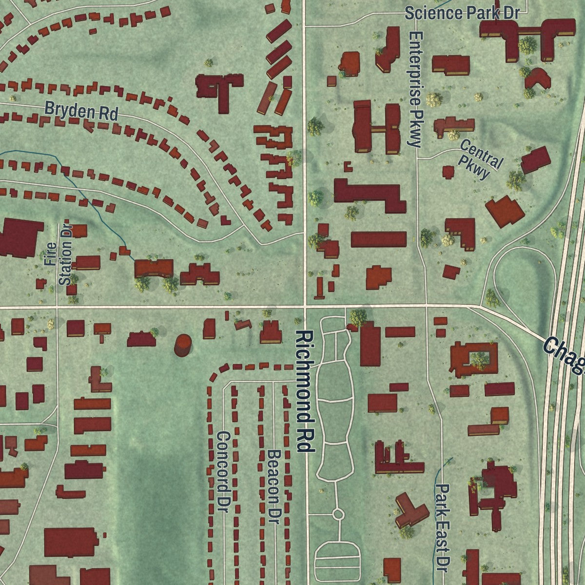 Close-up of the map of Beachwood, Ohio print showing street and building detail
