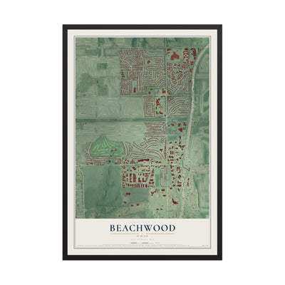 Map of Beachwood, Ohio, 12 x 18 inch print in a black wood frame
