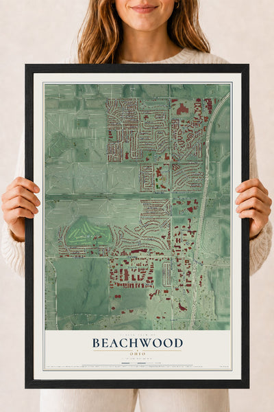 Map of Beachwood, Ohio, 18 x 24 inch print in a black wood frame