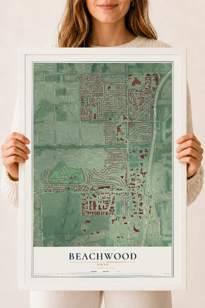 Map of Beachwood, Ohio, 18 x 24 inch print in a white wood frame