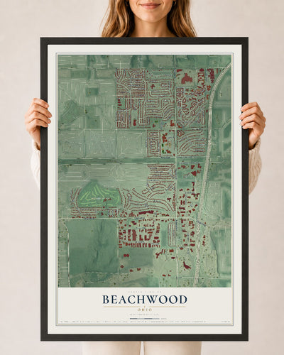 Map of Beachwood, Ohio, 24 x 36 inch print in a black wood frame