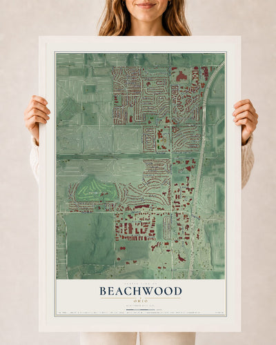 Map of Beachwood, Ohio, 24 x 36 inch print in a white wood frame