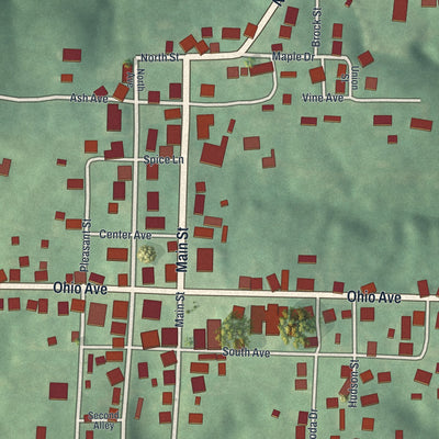 Close-up of the map of Beallsville, Ohio print showing street and building detail