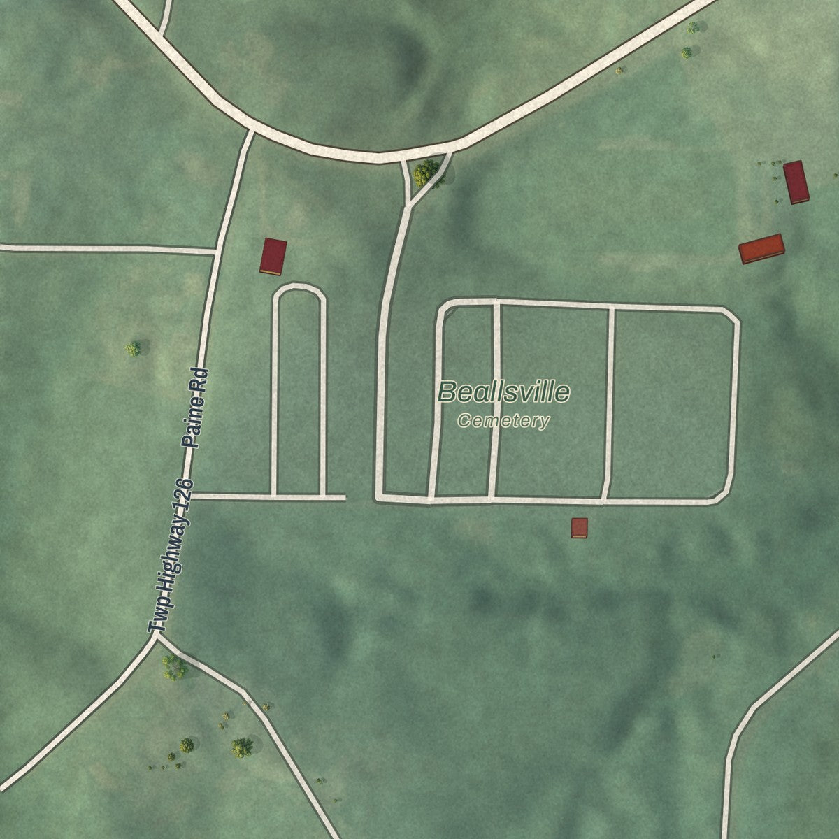 Second close-up of the map of Beallsville, Ohio print showing more streets and buildings
