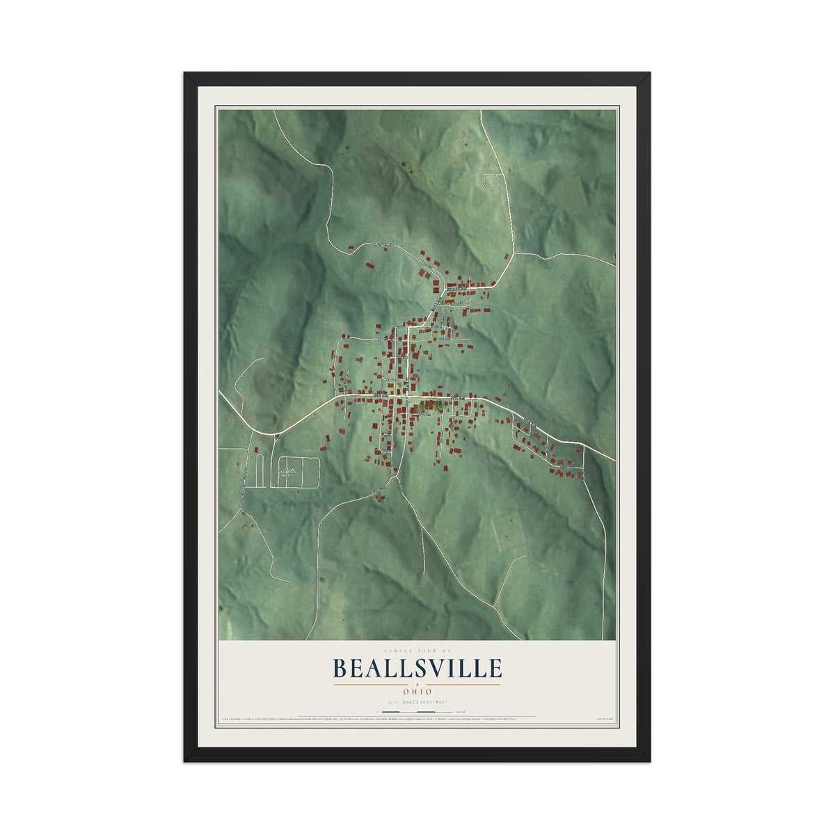 Map of Beallsville, Ohio, 12 x 18 inch print in a black wood frame