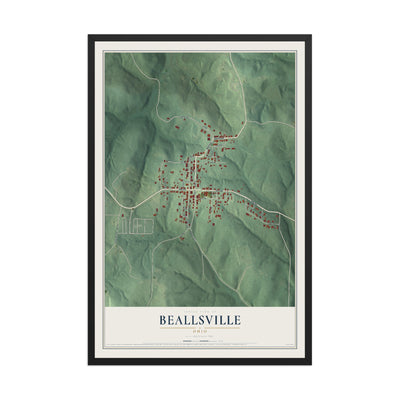 Map of Beallsville, Ohio, 12 x 18 inch print in a black wood frame