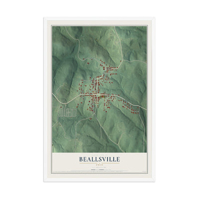 Map of Beallsville, Ohio, 12 x 18 inch print in a white wood frame