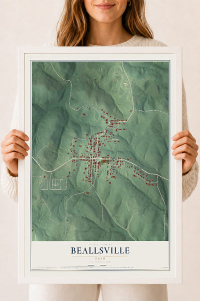 Map of Beallsville, Ohio, 18 x 24 inch print in a white wood frame
