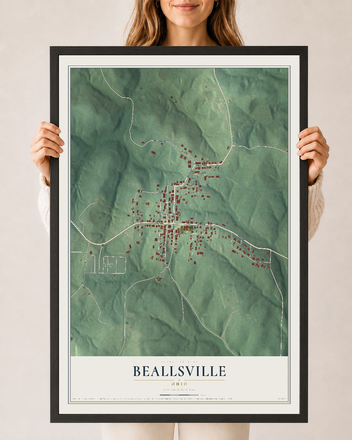 Map of Beallsville, Ohio, 24 x 36 inch print in a black wood frame