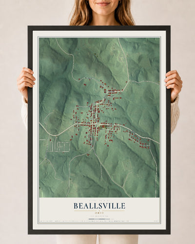 Map of Beallsville, Ohio, 24 x 36 inch print in a black wood frame