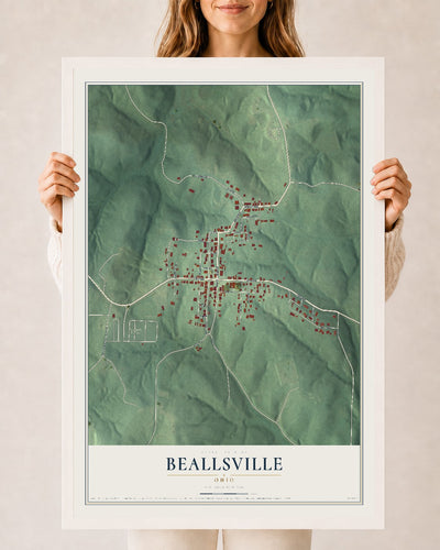Map of Beallsville, Ohio, 24 x 36 inch print in a white wood frame