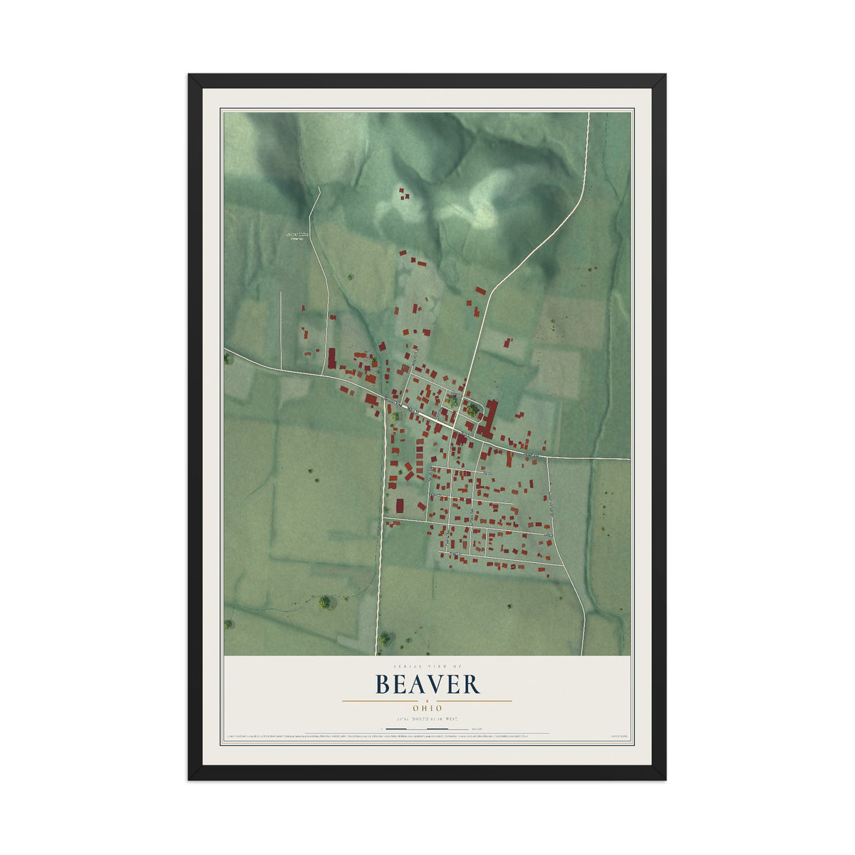 Map of Beaver, Ohio, 12 x 18 inch print in a black wood frame