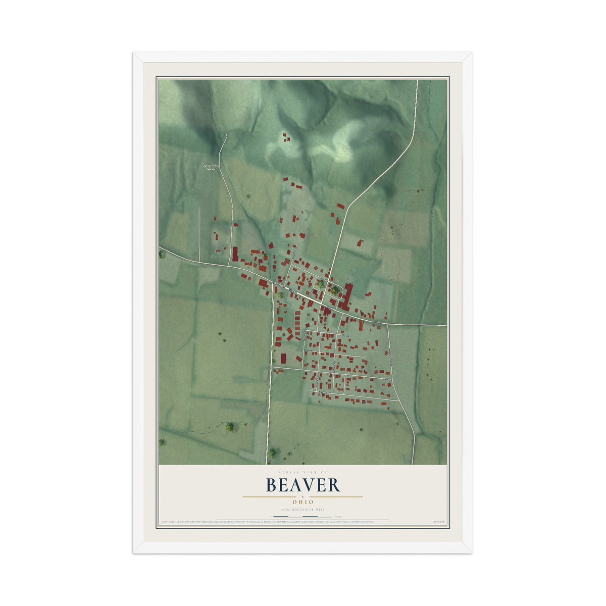 Map of Beaver, Ohio, 12 x 18 inch print in a white wood frame