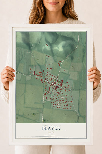 Map of Beaver, Ohio, 18 x 24 inch print in a white wood frame