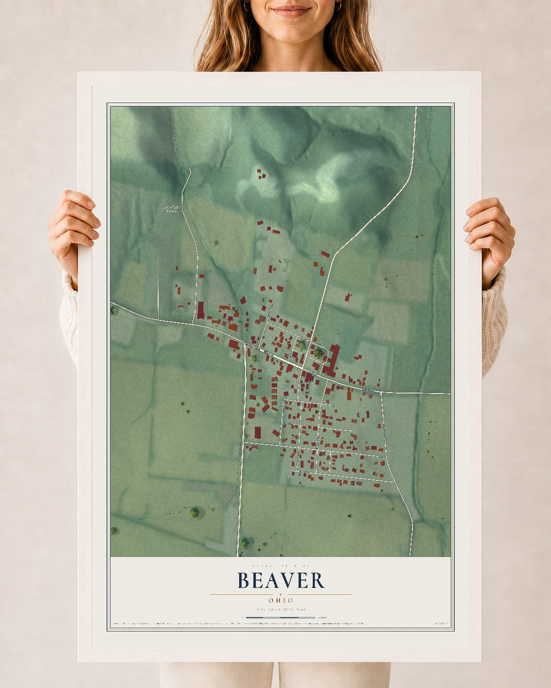 Map of Beaver, Ohio, 24 x 36 inch print in a white wood frame