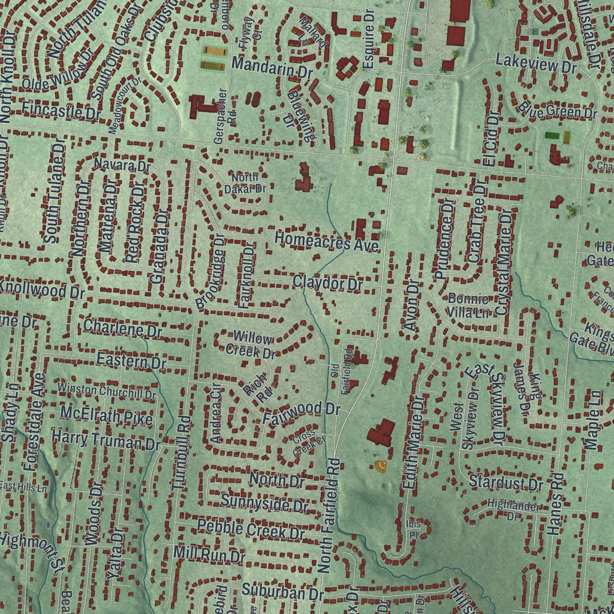 Close-up of the map of Beavercreek, Ohio print showing street and building detail