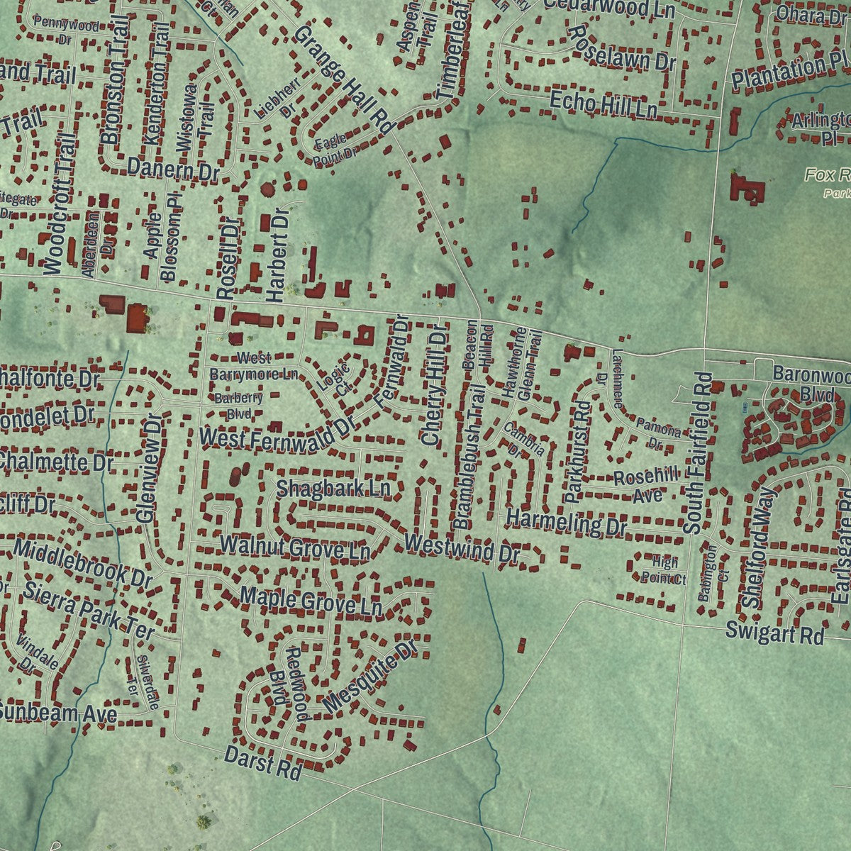 Second close-up of the map of Beavercreek, Ohio print showing more streets and buildings