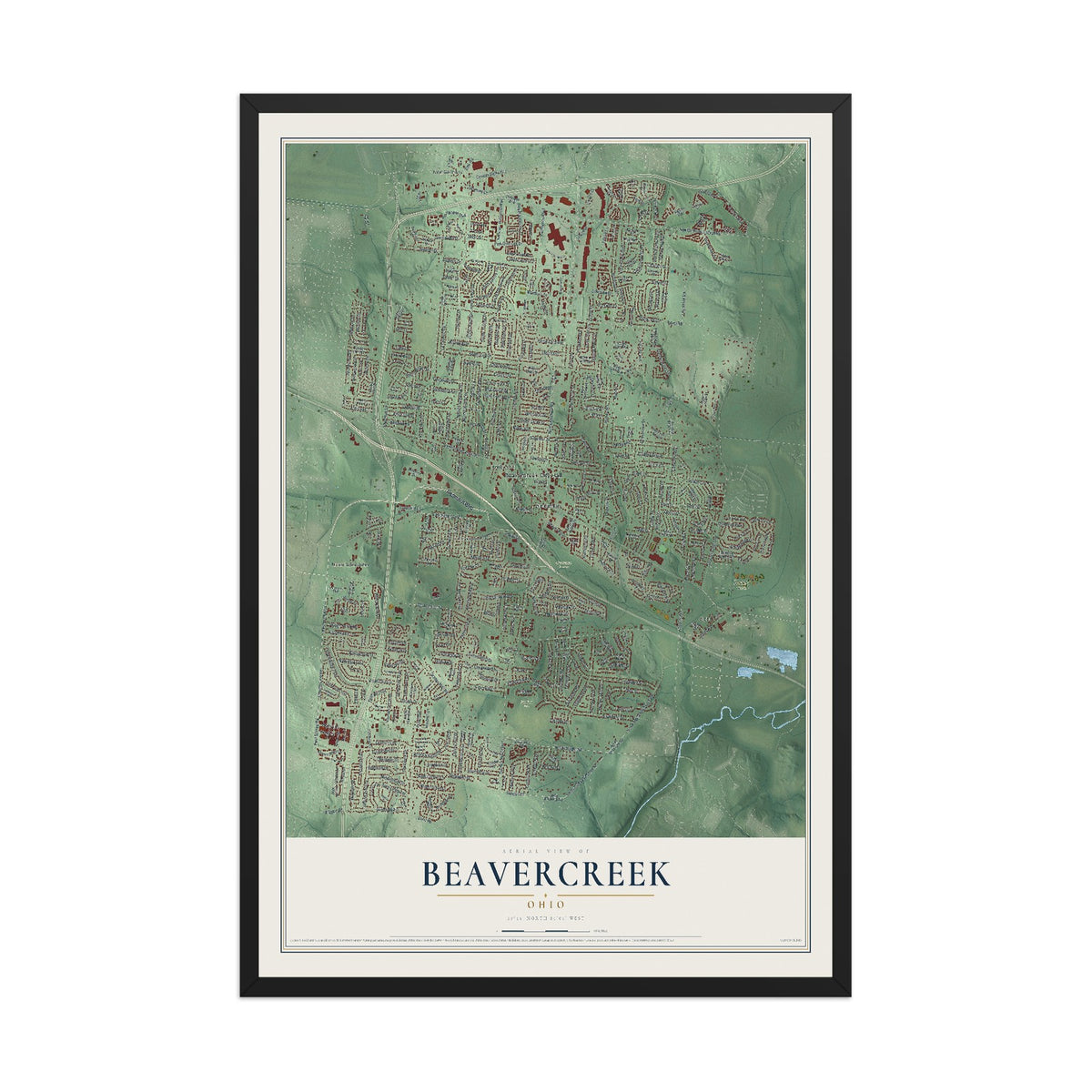 Map of Beavercreek, Ohio, 12 x 18 inch print in a black wood frame