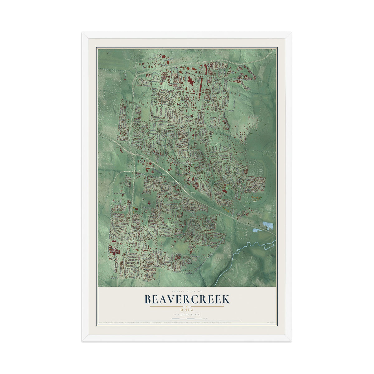 Map of Beavercreek, Ohio, 12 x 18 inch print in a white wood frame