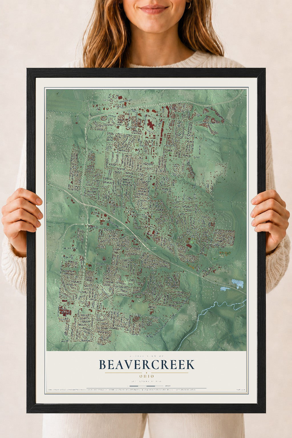 Map of Beavercreek, Ohio, 18 x 24 inch print in a black wood frame