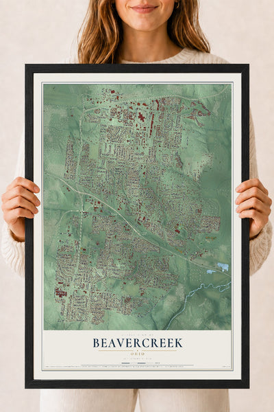 Map of Beavercreek, Ohio, 18 x 24 inch print in a black wood frame