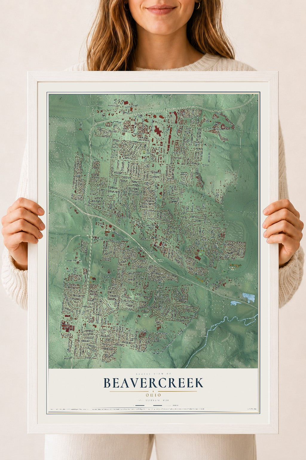 Map of Beavercreek, Ohio, 18 x 24 inch print in a white wood frame