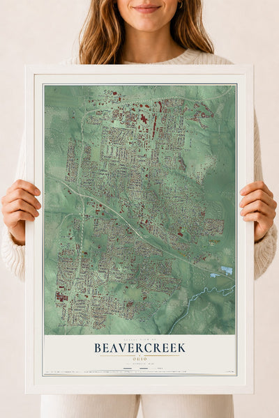 Map of Beavercreek, Ohio, 18 x 24 inch print in a white wood frame