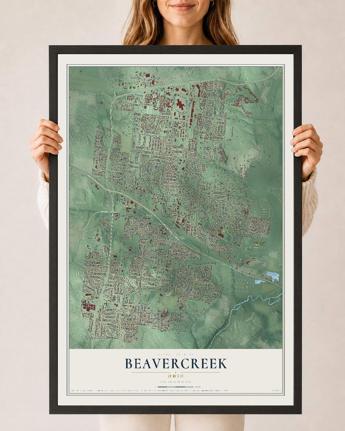 Map of Beavercreek, Ohio, 24 x 36 inch print in a black wood frame