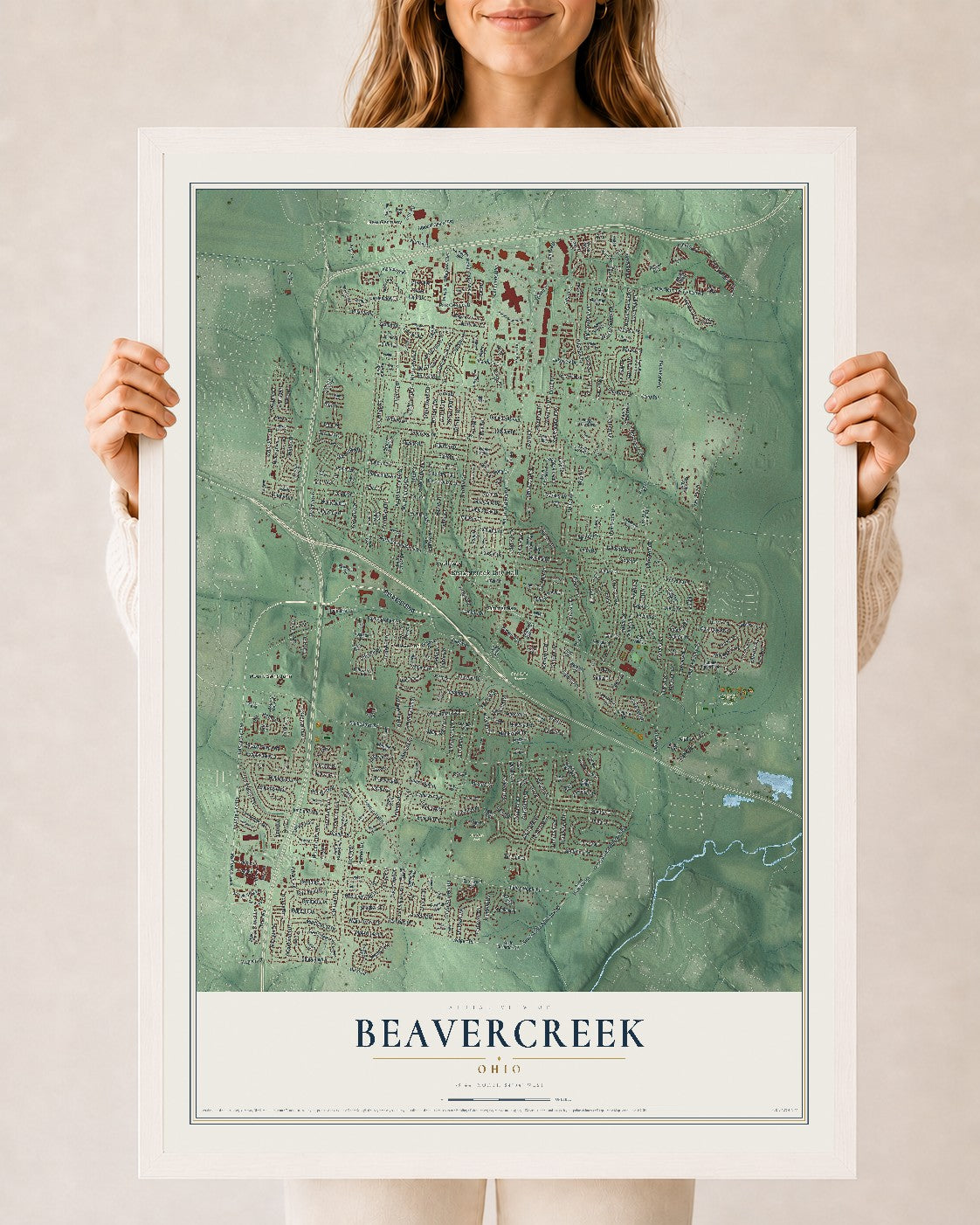 Map of Beavercreek, Ohio, 24 x 36 inch print in a white wood frame
